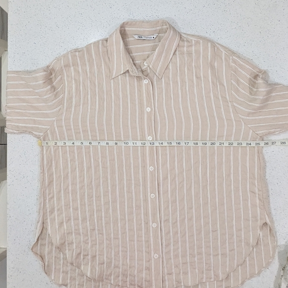 Zara Woman Beige White Striped Button Down Shirt Long Sleeve Wrinkled Look XL - Picture 3 of 9